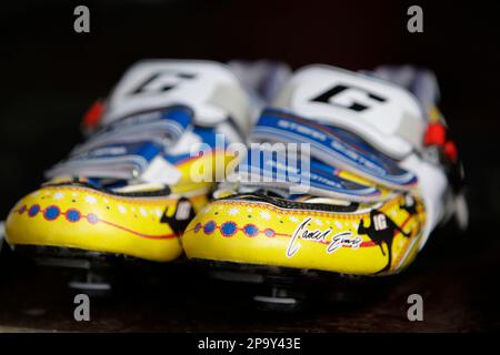 The cycling shoes of Cadel Evans of Australia adorned with a kangaroo are seen inside the team truck near Brest western France Thursday July 3 2008. The three week Tour de France cycling race begins S...