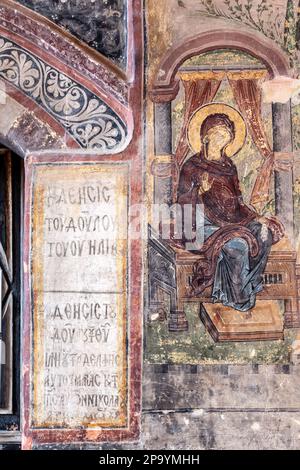 External fresco at the medieval Rozhen monastery of the Nativity of the Mother of God, located near the villages of Melnik and Rozhen, in Bulgaria. Stock Photo