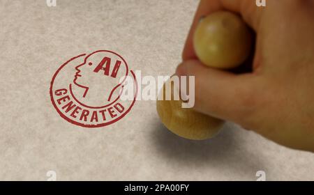 AI generated stamp and stamping hand. Artificial intelligence content and automation technology concept. Stock Photo