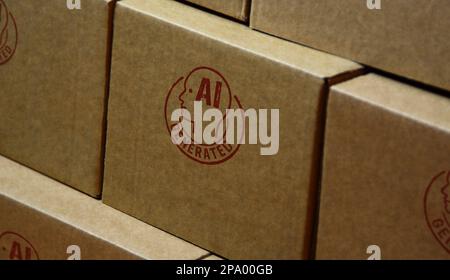 AI generated stamp printed on cardboard box. Artificial intelligence content and automation technology concept. Stock Photo