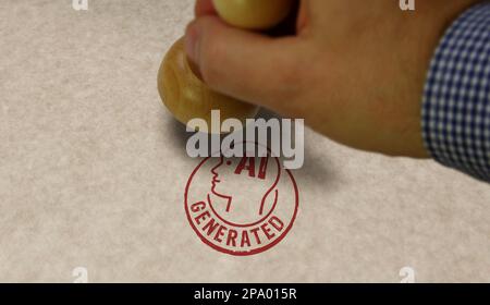 AI generated stamp and stamping hand. Artificial intelligence content and automation technology concept. Stock Photo