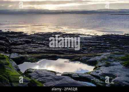 View to Flintshire in Wales from Hilbre island's rocky west coast in Dee Estuary at low tide. West Kirby, Wirral Peninsula, Merseyside, England, UK Stock Photo