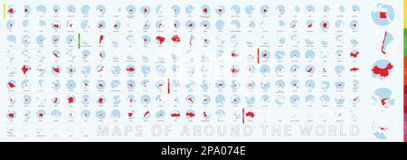 Set of circular maps of the world, blue map with highlighted country in red color. Vector collection. Stock Vector