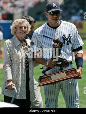 FILE*** Julia Ruth Stevens, the daughter of former New York Yankee Babe  Ruth, throws a pitch to Yankees catcher Jorge Posada during ceremonies at  Yankee Stadium in New York on Sunday, Sept.