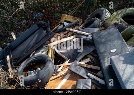 Denham, Buckinghamshire, UK. 11th March, 2023. Fly-tipping next to a lay-by in Denham. Credit: Maureen McLean/Alamy Live News Stock Photo