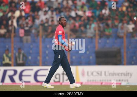 Jofar Archer during Bangladesh-England 1st T20I match of three match series at Zahur Ahmed Chowdhury Cricket Stadium, Sagorika, Chattogram, Bangladesh Stock Photo