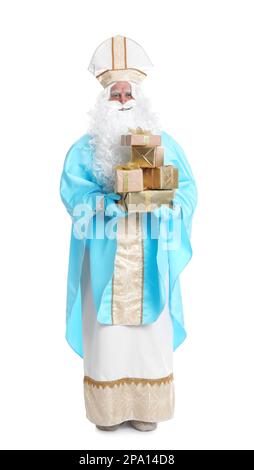 Full length portrait of Saint Nicholas with presents on white background Stock Photo