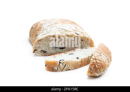 Freshly  baked Italian ciabatta with olives isolated on white Stock Photo