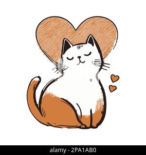 Vector isolated kitten with heart on a white background. Drawn vector character - cat design cute. Hand drawn style Stock Vector