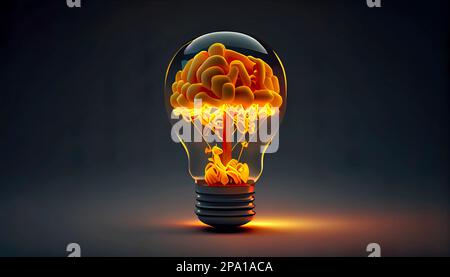 Golden brain glowing inside light bulb over dark background. Creativity and ideas concept. Copy space. Generative AI.