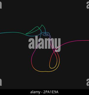 Pear fruit one line drawing, Rainbow colors on black background vector minimalistic linear illustration made of continuous line Stock Vector