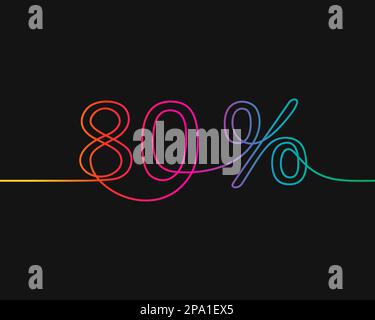 One line drawing of 80 percent discount, Rainbow colors on black background vector minimalistic linear illustration made of continuous line Stock Vector