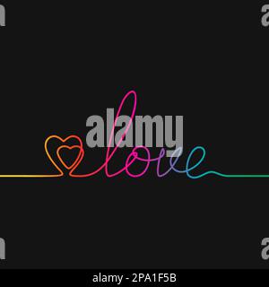 One line drawing of two hearts and word LOVE, Rainbow colors on black background vector minimalistic linear illustration of love concept made of conti Stock Vector