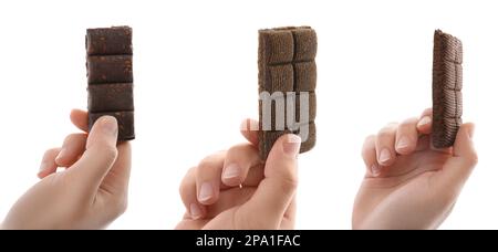 Collage with photos of women holding hematogen bars on white background, closeup. Banner design Stock Photo