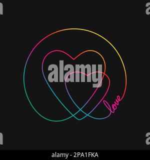One line drawing of two hearts and word LOVE, Rainbow colors on black background vector minimalistic linear illustration of love concept made of conti Stock Vector
