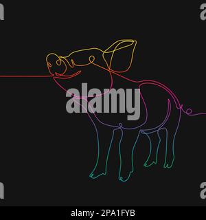 One line drawing of pig, Rainbow colors on black background vector minimalistic linear illustration made of continuous line Stock Vector