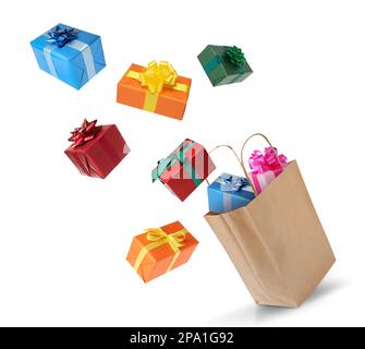 Many different gift boxes falling into paper shopping bag on white background Stock Photo