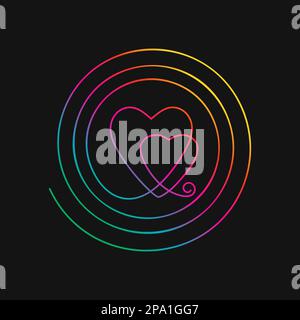One line drawing of two hearts inside spiral, Rainbow colors on black background vector minimalistic linear illustration of love and life concept made Stock Vector