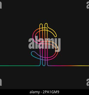 One line drawing of dollar sign, Rainbow colors on black background vector minimalistic linear illustration made of continuous line Stock Vector