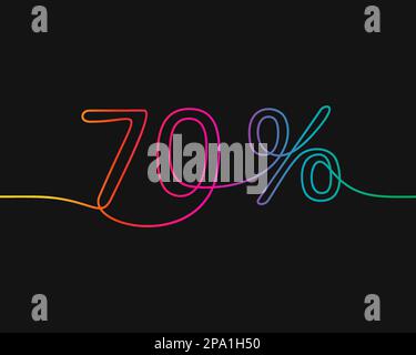 One line drawing of 70 percent discount, Rainbow colors on black background vector minimalistic linear illustration made of continuous line Stock Vector
