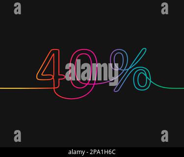 One line drawing of 40 percent discount, Rainbow colors on black background vector minimalistic linear illustration made of continuous line Stock Vector
