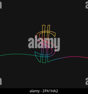 One line drawing of dollar sign, Rainbow colors on black background vector minimalistic linear illustration made of continuous line Stock Vector