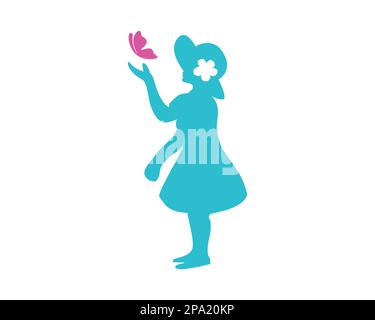 A Girl Playing with Butterfly visualized with Silhouette Style Stock Vector