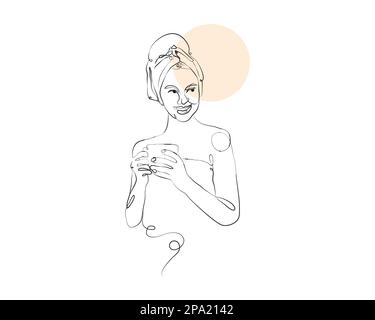 Smiling Woman Holding a Cup of Drink and Wearing Towel as Symbolization of Spa and Massage Treatment Stock Vector