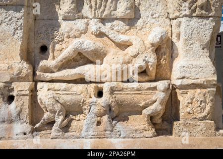 The greek fountain is located in Gallipoli, near the bridge that connects the new town to the old town. This fountain is the oldest in Italy, and is Stock Photo