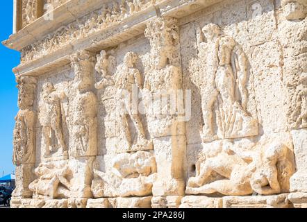 The greek fountain is located in Gallipoli, near the bridge that connects the new town to the old town. This fountain is the oldest in Italy, and is Stock Photo