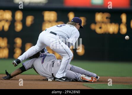 San Diego Padres' Khalil Greene watches his ground ball single to left  field to drive in the tying run in the eighth inning against the Arizona  Diamondbacks in their baseball game in