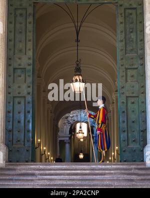 ROME, VATICAN STATE - August 24, 2018: Pontifical Swiss Guard at the entrance of the Vatican State Stock Photo