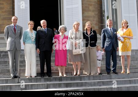 Queen Fabiola of Belgium, fourth from left, wife of former King Baudouin of Belgium, celebrates her 80th birthday, that takes place actually on June 11, along with the Belgium Royal Family during a gathering at the Royal Castle of Laeken outside Brussels, Tuesday June 3, 2008. From left to right: Prince Lorenz, Princess Claire, King Albert II, Queen Fabiola, Princess Astrid, Queen Paola, Crown Prince Philippe, Princess Mathilde. ( AP Photo/ Thierry Charlier.)