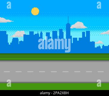 Pixel art game road with city on background Stock Vector