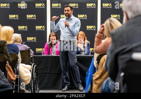 SNP leadership candidate Humza Yousaf, taking part in the SNP leadership hustings at the University of Strathclyde in Glasgow. Picture date: Saturday March 11, 2023. Stock Photo