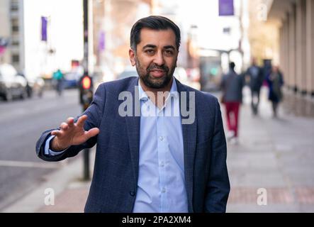SNP leadership candidate Humza Yousaf arrives for the SNP leadership hustings, at the University of Strathclyde in Glasgow. Picture date: Saturday March 11, 2023. Stock Photo