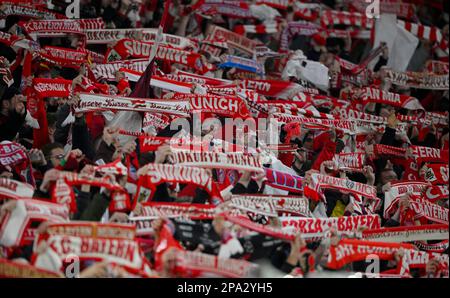 Fans of the Suedkurve, hold up scarves, CL, Champions League match, Allianz Arena, Munich, Bayern, Germany Stock Photo