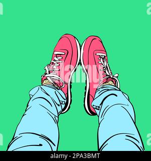 Sketch of selfie of feet in sneaker shoes and tight jeans, Top view, Line art style bright colored hand drawn vector illustration isolated on green ba Stock Vector