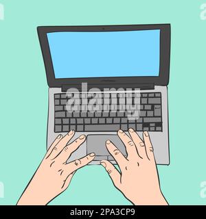 Vector colored sketch of hands working at laptop top view isolated, Hand drawn illustration Stock Vector