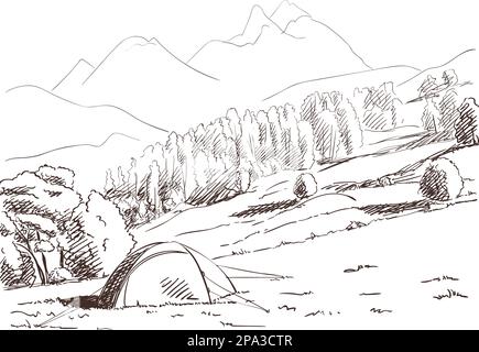 Sketch of tent in wild nature with mountain landscape on background, Monochrome freehand hand drawn illustration Stock Vector