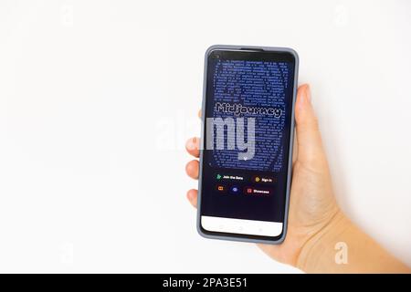 Belgrad, Serbia - March 10 2023 : Midjourney website on an phone screen. AI program that creates images from text.time of neural networks Stock Photo