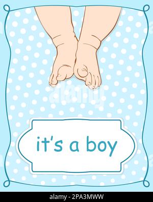 Its a boy - baby shower greeting card design for invitation with baby feet, Colored line art sketch on dots blue background, Hand drawn vector illustr Stock Vector