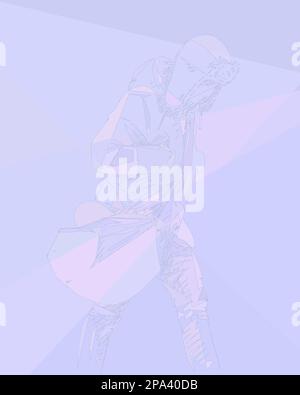 Walking Man with big bag in winter clothes, hat with ear flaps and hands in pockets made of abstract lines and blue triangles, Cold winter people conc Stock Vector