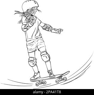 Sketch of girl skateboarder with long hair riding on skateboard in full protection and helmet in skate park, Hand drawn line art vector illustration i Stock Vector