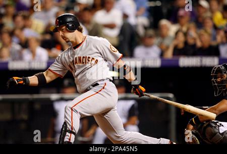 The Giants' Aaron Rowand hits a single in the fifth inning against the Los  Angeles Dodgers on Saturday at Dodger Stadium. (Michael Macor/San Francisco  Chronicle via AP Stock Photo - Alamy