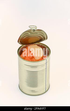 A can of mixed Grapefruit segments in a un-wrapped tin on a white background. Stock Photo