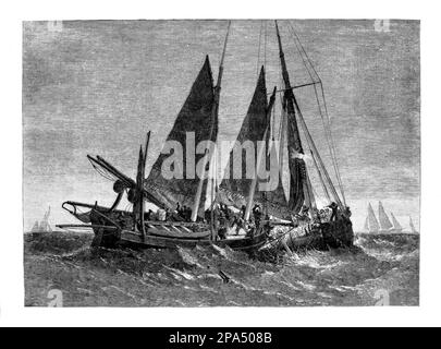 An illustration from 1861 of a fight between the Ramsgate based fishing boat 'Prince Arthur' and a Boulogne based fishing boat off North Foreland, a chalk headland on the Kent coast of southeast England. Stock Photo