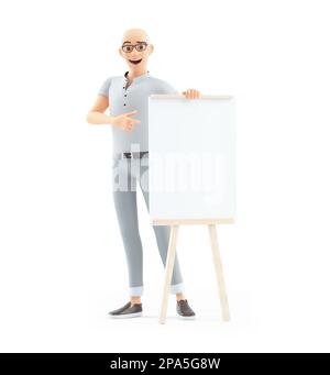 3d senior man pointing to wooden easel with blank canvas, illustration isolated on white background Stock Photo