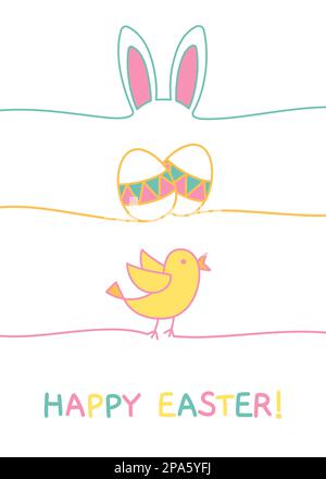 Happy Easter doodle greeting card with bunny ears, chcken eggs and chick Stock Vector