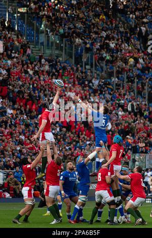 Rome, Italy 11th Mar, 2023. Federico Ruzza of Italy and Adam Beard of Wales challenging lineout ball during Six Nations rugby match between Italy and Wales at Olympic Stadium in Rome. Photo Credit: Fabio Pagani/Alamy Live News Stock Photo